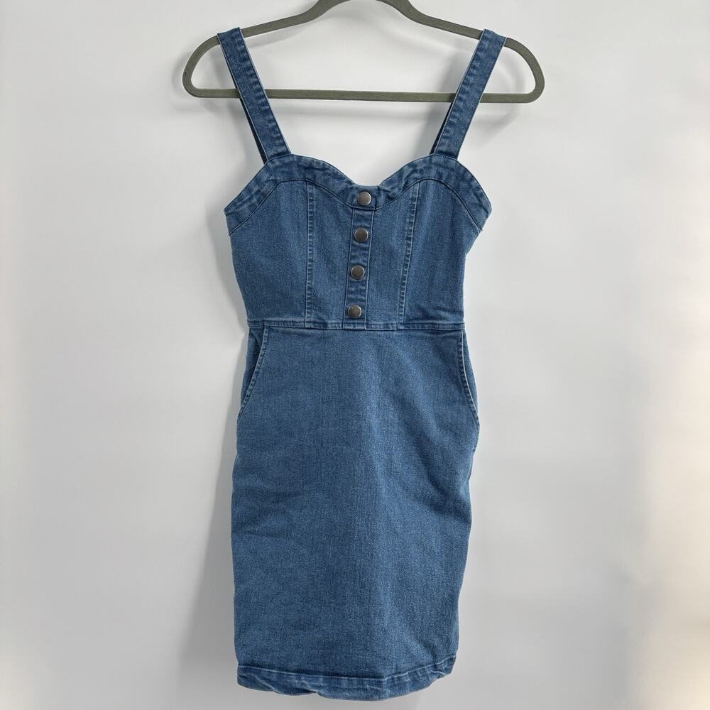 Vtg Y2K Rue 21 Denim Mini Dress Sz XS Sweetheart Neckline Fitted Pockets